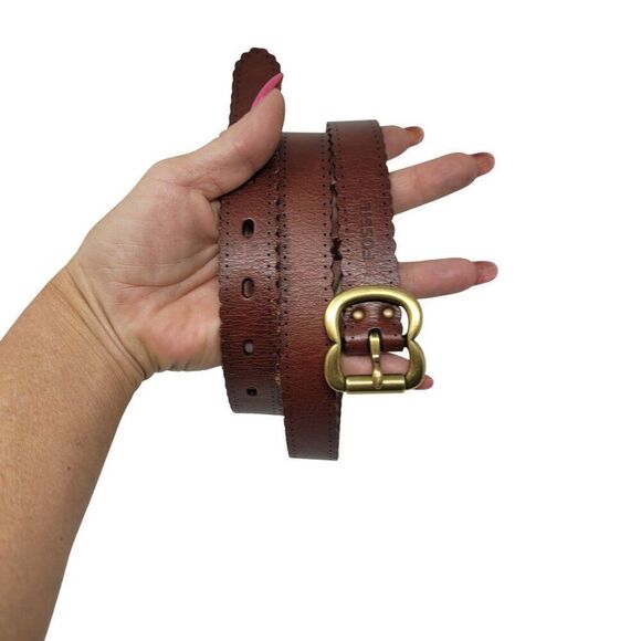 Vintage Fossil Womens Brown Leather Belt L Scalloped Perforated Brass Buckle - Picture 1 of 15